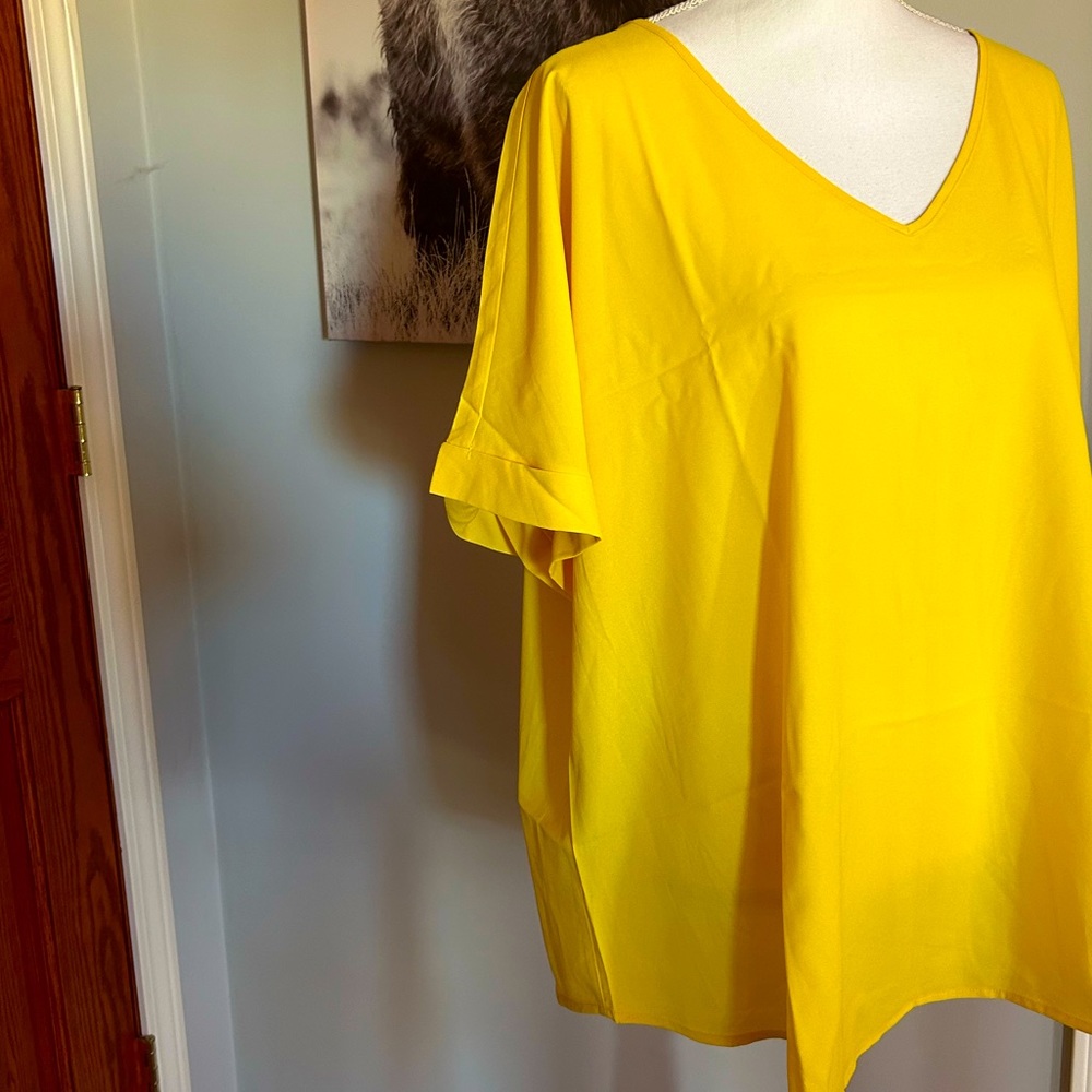 Yellow Rolled Sleeve V-Neck Top